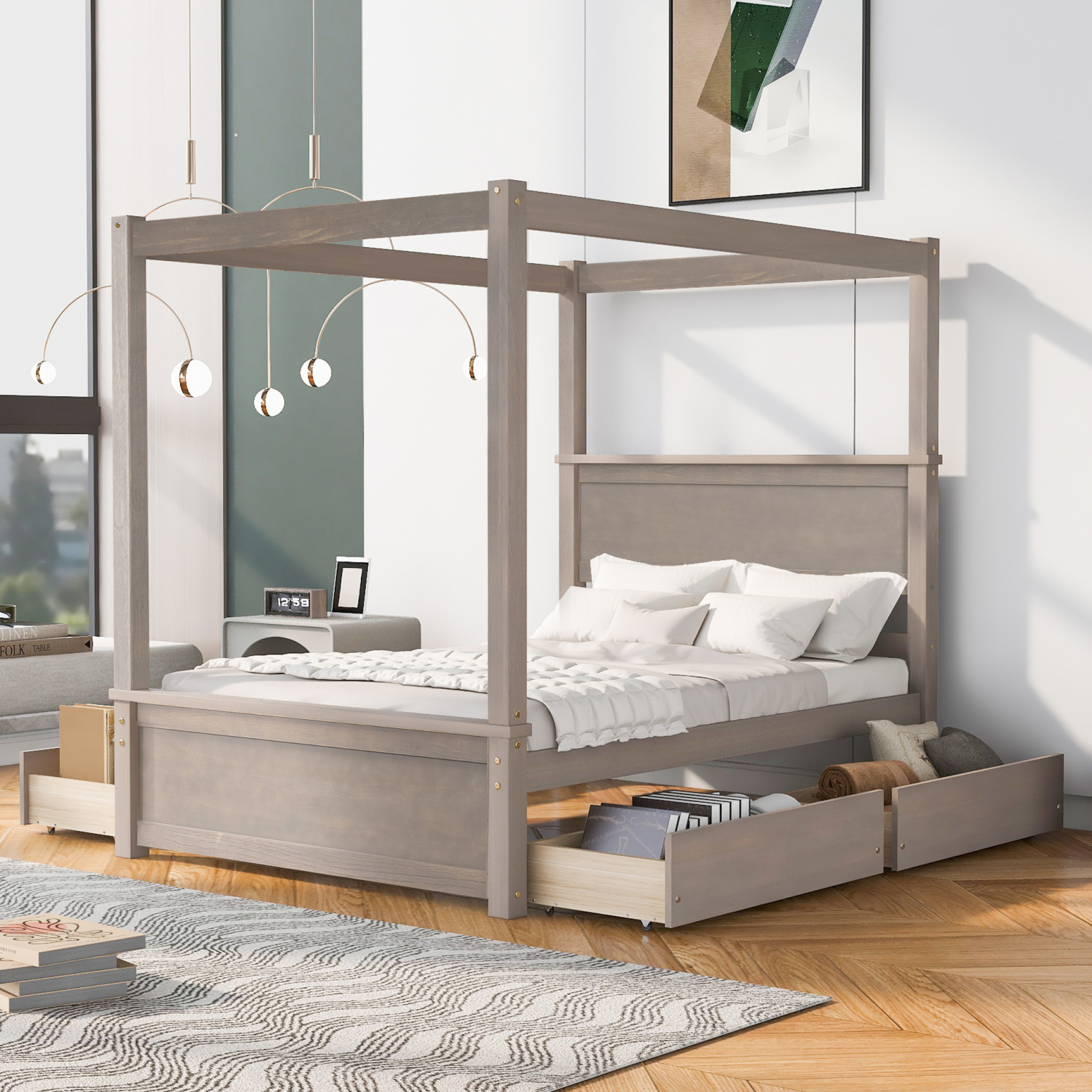 Canopy Bed with Support Slats, FourPoster Canopy Bed Frame with