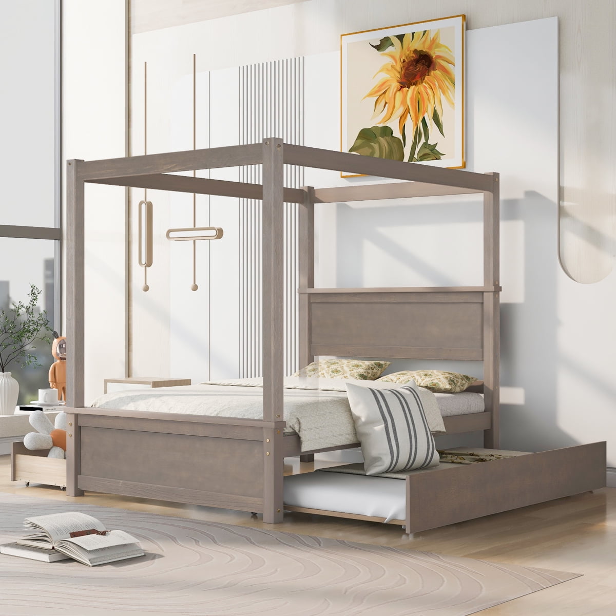 Canopy Bed with Support Slats, FourPoster Canopy Bed Frame with