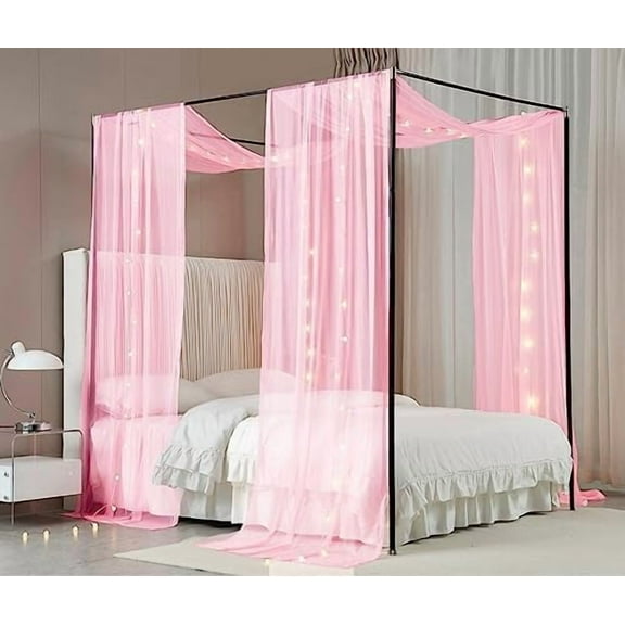 Canopy Curtains for Girls with LED Light King California King Bed Curtains Frame Bed,Valance Scarves Great for Bed,Windows,Wedding Parties(King,Pink)