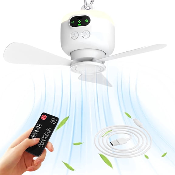 Canopy Fan 10.6",8000mAh Battery Operated, USB Rechargeable Tent Fan with Remote Control,3 Detachable Blades, LED Light, 3 Speeds, Timer, Portable Ceiling Fan for Camping(White)