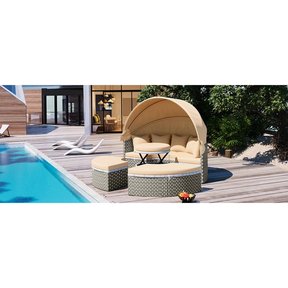 Canopy Fastened by Straps | Round Sofa Transforming into Daybed for Outdoor Sun Protection | Secure and Convenient Outdoor Shading