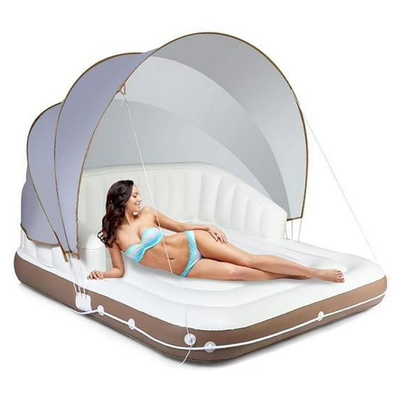 Canopy Floating Island, 2-3 Person 441lbs Inflatable Lake Floats with UPF50 Retractable Sunshade, Built-in Cup Holder & Grabbing Ropes, Giant Lounge Raft for Indoor, Poolside, River and Beach