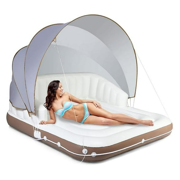 Canopy Floating Island, 2-3 Person 441lbs Inflatable Lake Floats with UPF50 Retractable Sunshade, Built-in Cup Holder & Grabbing Ropes, Giant Lounge Raft for Indoor, Poolside, River and Beach
