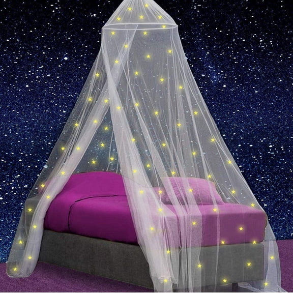 Canopy for Girls Bed with Pre-Glued Glow in The Dark Stars - Princess Mosquito Net Room Decor - Kids & Baby Bedroom Tent with Galaxy Lights - 1 Opening Canopy Bed & Hanging Kit Included