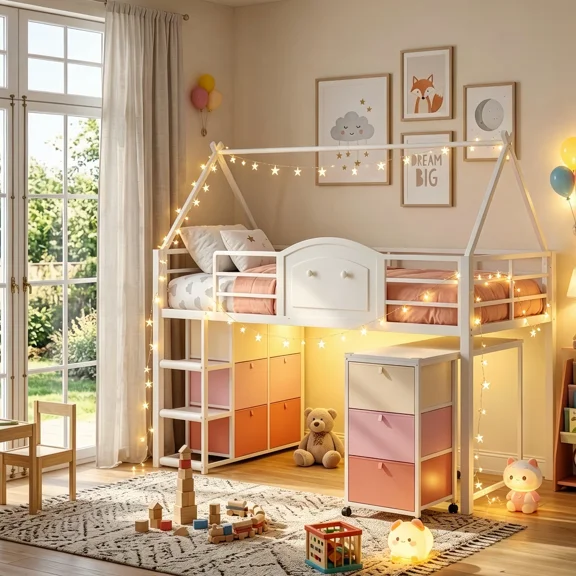 House Shaped Loft Bed with Desk and 9 Storage Drawers, LED Metal Twin Low Loft Bed with Storage Steps Shelves for Small Space Bedroom White& Pink