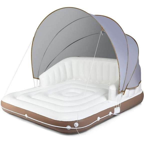 Canopy Island Inflatable Lounge, Floating Island Raft with Retractable Detachable Sunshade, Inflatable Pool Float Canopy w/2 Cup Holders Backrest Armrest for Pool Lake River
