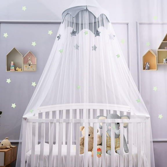 Canopy for Kids Bed with Stars, Crib Canopy with Dome, Elegant Net Hanging Fairy Girl Bed Canopy Princess Room Decoration Reading Nook Corner Curtain Fits Full Crib, Twin, Queen Play Castle Tent