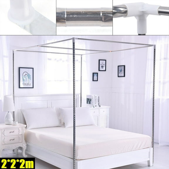 Canopy Metal Bed Frame, Queen Size 4 Corner Stainless Steel Bedding Canopy Frame, Metal Slat Support, Silver, 2X2X2M