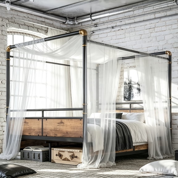 Canopy Platform Bed Queen Size with 4 Posters Design, Industrial Metal Bed Frame with Round Pipe Design and Wooden Headboard, Black