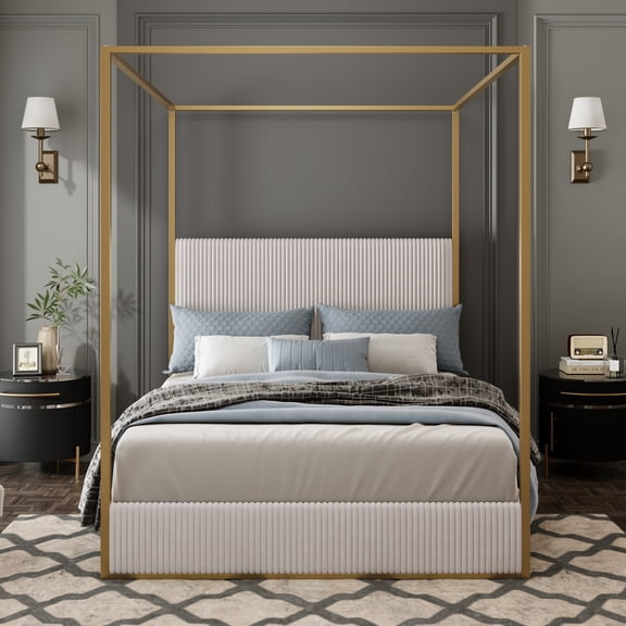 Canopy Platform Bed Queen Size with Headboard, Upholstered Bed Frame with 4 Posters and Wood Slats, No Box Spring Needed, Beige