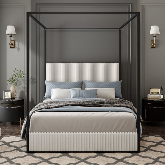 Canopy Platform Bed Queen Size with Headboard, Upholstered Bed Frame with 4 Posters and Wood Slats, No Box Spring Needed, White
