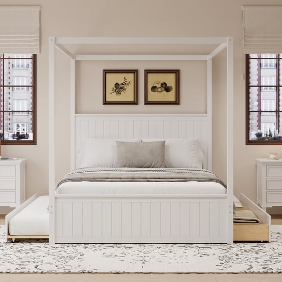 Canopy Platform Bed Queen Size with Trundle and Drawers for Saving Space Wood Bed Frame with Posters and Headboard, No Box Spring Needed, White