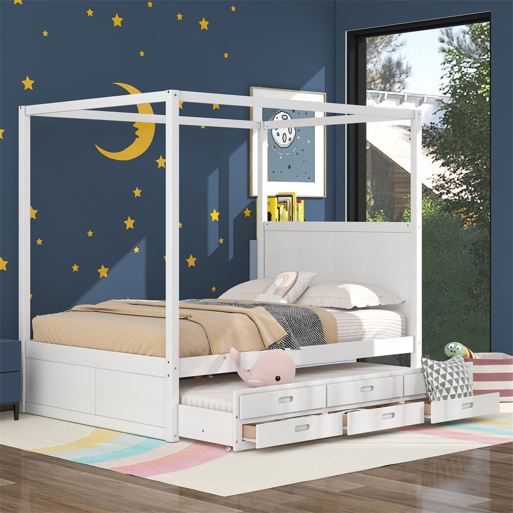 Queen Size Canopy Bed with Trundle, 3 Drawers, Solid Wood Frame, White - Walmart.com Queen Size Canopy Bed with Trundle, 3 Drawers, Solid Wood Frame, White - Walmart.com