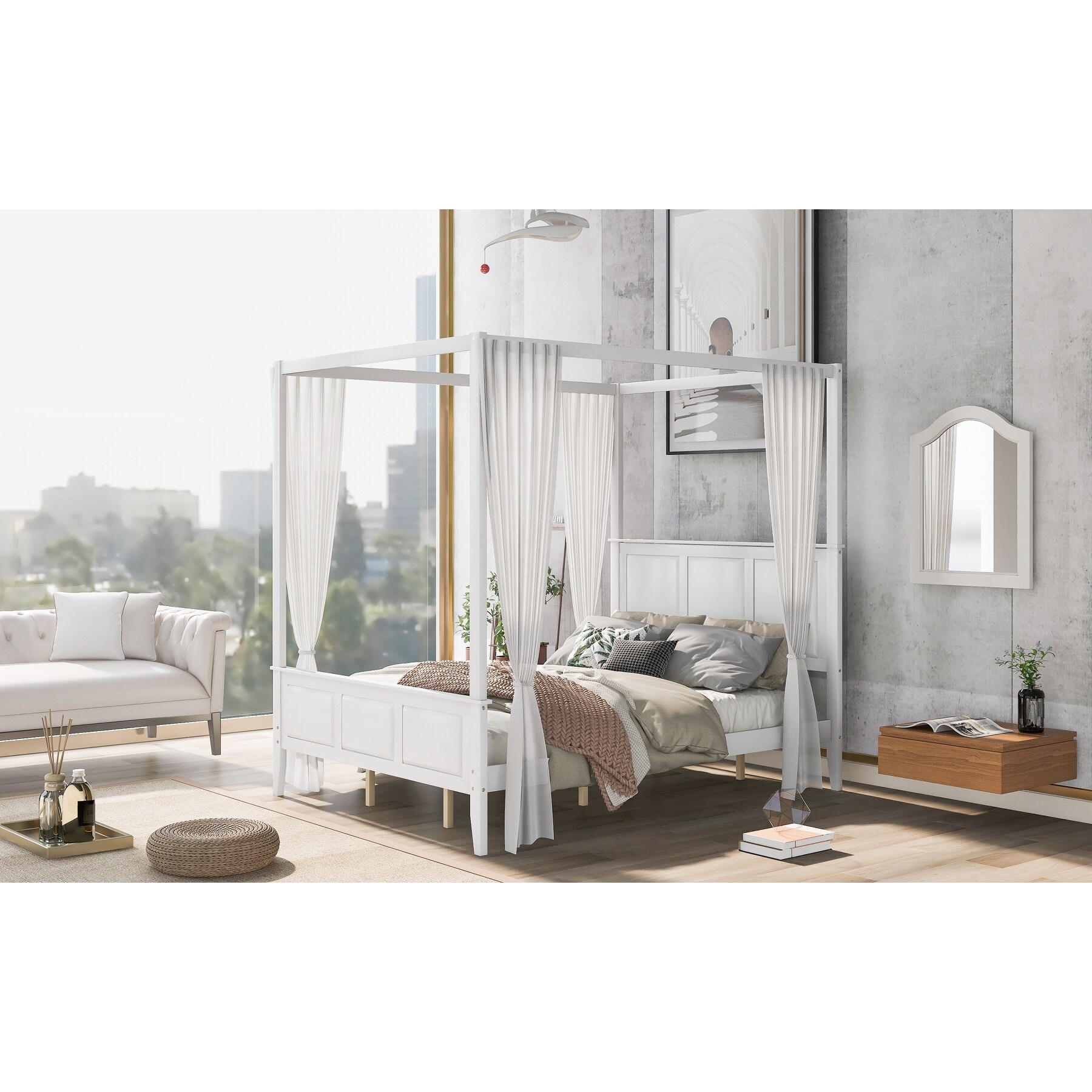 Canopy Platform Bed with Headboard and Footboard,Slat Support Leg Queen