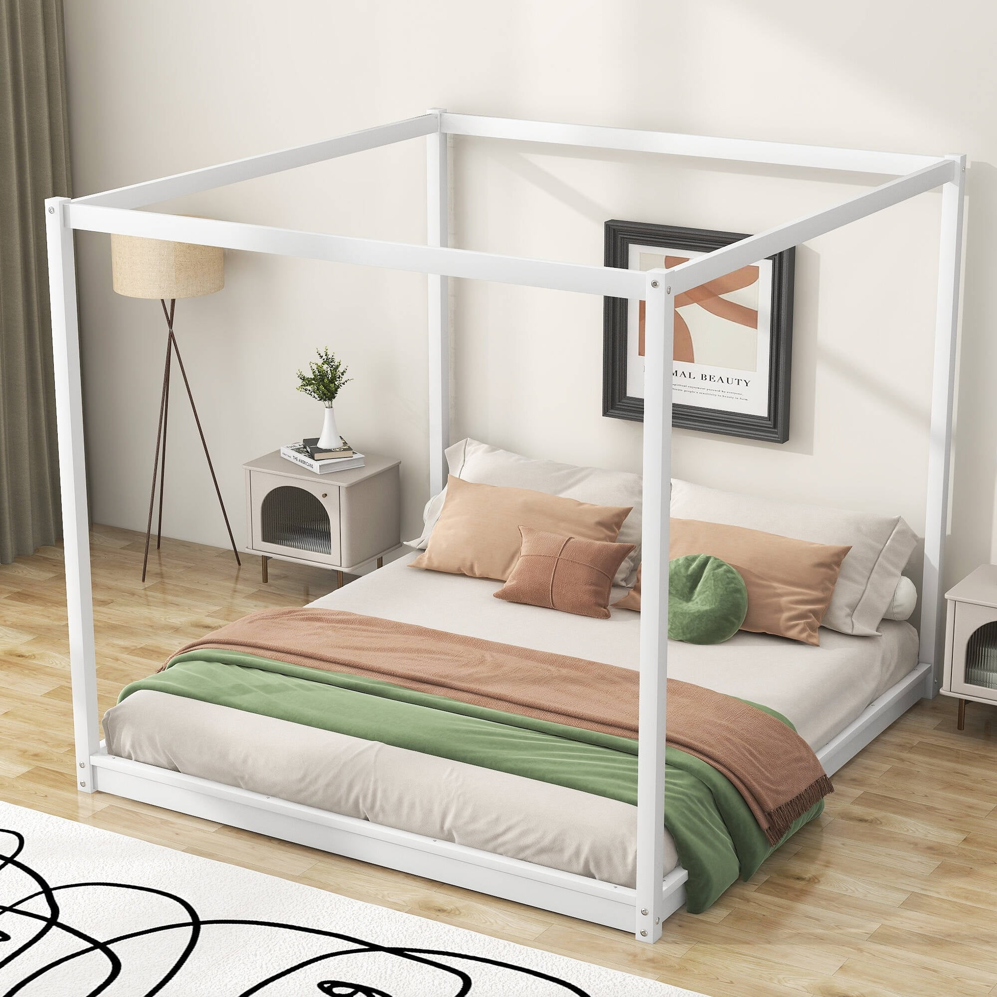 Canopy Platform Bed with Support Legs White - King