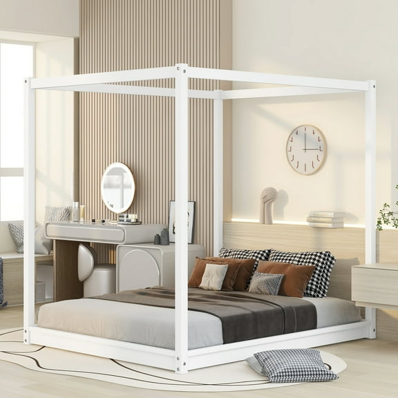 Canopy Platform Bed with Support Legs,White