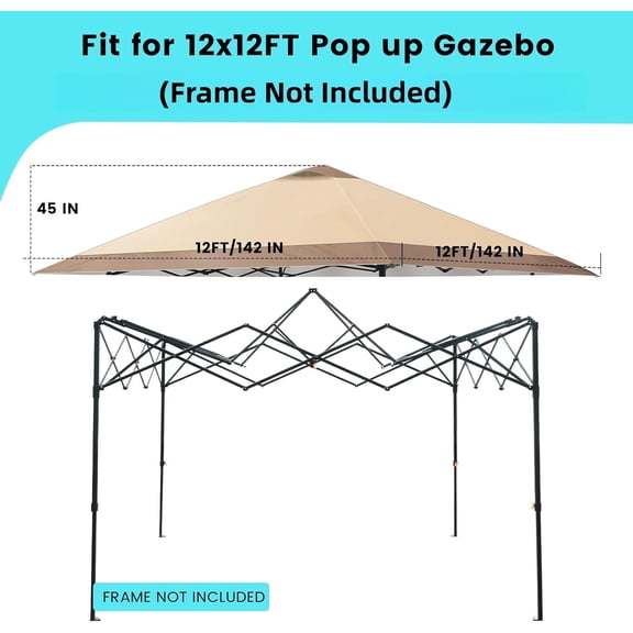 Canopy Replacement Top Cover with Air Vents for 12x12 Pop up Canopy Tent, Fit for 12x12 Pop up Gazebo, Waterproof & Anti- for Outdoor Shade (Frame Not Included) (Khaki)