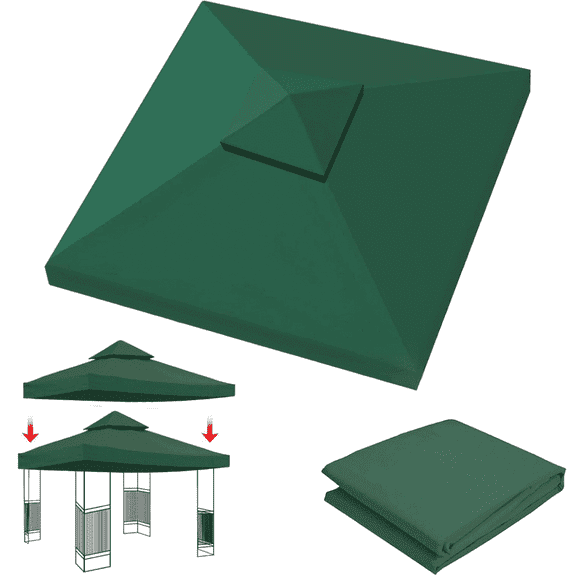 2 Tier 9.84'x9.84' Square Replacement Canopy Waterproof Top Cover Replacement Anti-UV Canopy Roof Pavilion Gazebo Tent Sunshade, Dark Green