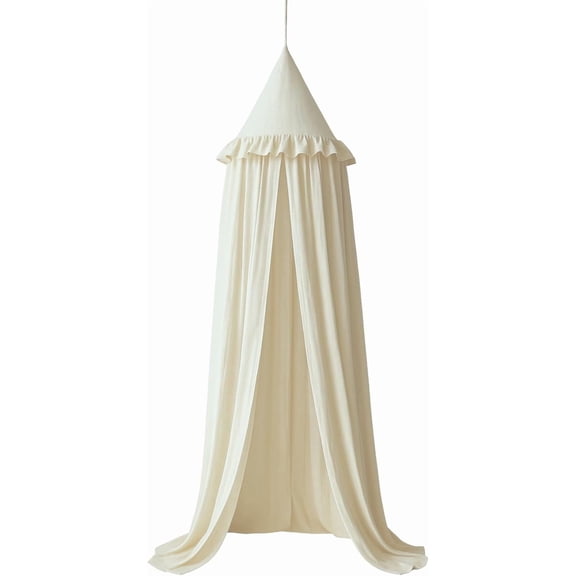 Canopy with Ruffles, Pastel Neutral Color for Boys & Girls, Frilled Cotton Tent Nursery Room Baby Crib Hanging Curtain Mosquito Netting Children Reading Nook Decoration (Ivory)