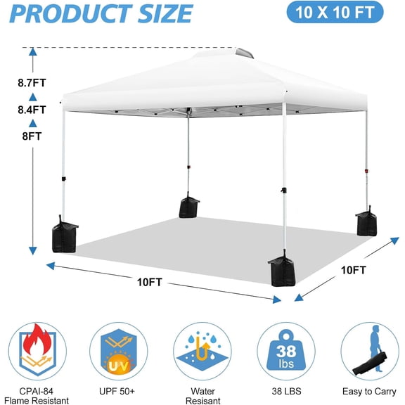 Canopy Tent 10x10ft Portable Shelter Adjustable Height with Roller Bag