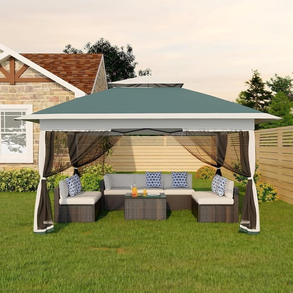 Canopy Tent 12x12 Ft, Pop Up Gazebo One-Push Setup with 4 SandBags for Backyard Parties and BBQs, Mosquito Netting & Height Adjustable - Green