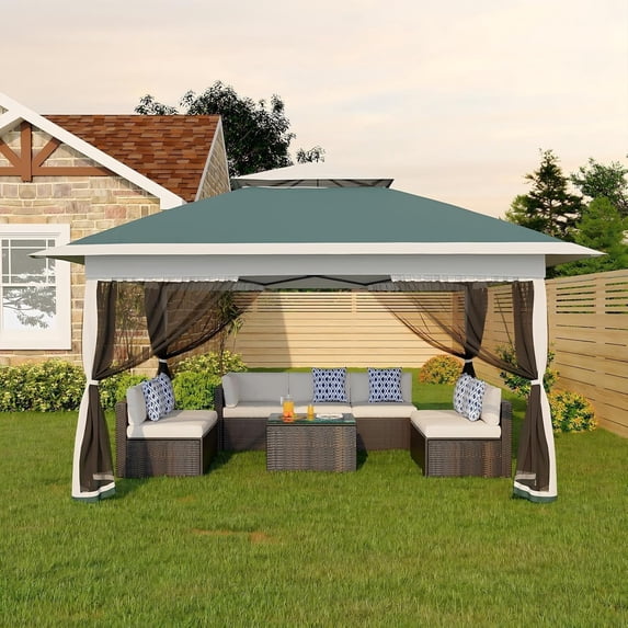 Canopy Tent 12x12 Ft, Pop Up Gazebo One-Push Setup with 4 SandBags for Backyard Parties and BBQs, Mosquito Netting & Height Adjustable - Green