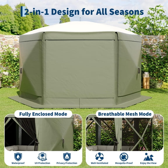 Canopy Tent 13FT 6-Sided Outdoor Shelter with Removable Mesh Walls & Wind Panels - Easy Assembly. Storage Bag for Camping Backyard Patio. Army Green