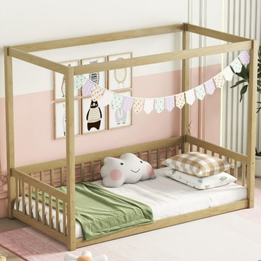 Canopy Twin Size Bed Frames, Sturdy Platform Wood Bed Frame, Wooden Canopy Frame with Fence, Floor Bed Frames No Box Spring Needed, Holds 200 Lbs, Natural