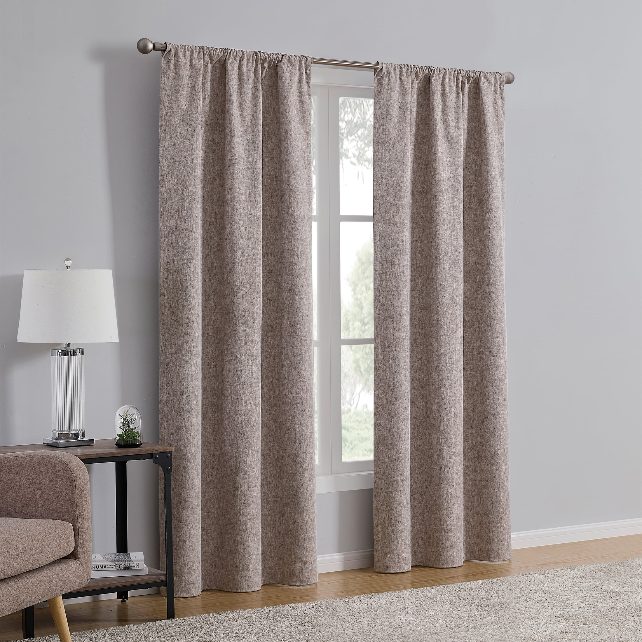 Mainstays Iris Linen Look 100% Blackout Curtain Panel Pair, Set of 2 Room Darkening Drapes for Bedroom, Brown, 37"W x 84"L