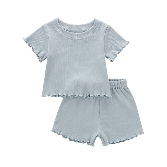 Canrulo 2PCS Toddler Baby Girl Solid Color Ribbed Short Sleeves O-Neck Tops + Shorts Blue 4-5 Years