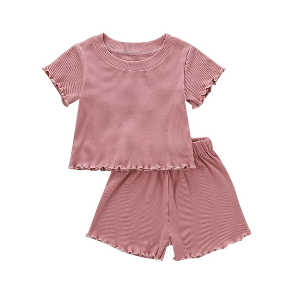 Canrulo 2PCS Toddler Baby Girl Solid Color Ribbed Short Sleeves O-Neck Tops + Shorts Pink 2-3 Years