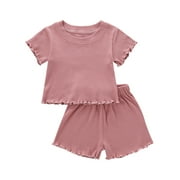 Canrulo 2PCS Toddler Baby Girl Solid Color Ribbed Short Sleeves O-Neck Tops + Shorts Blue 2-3 Years