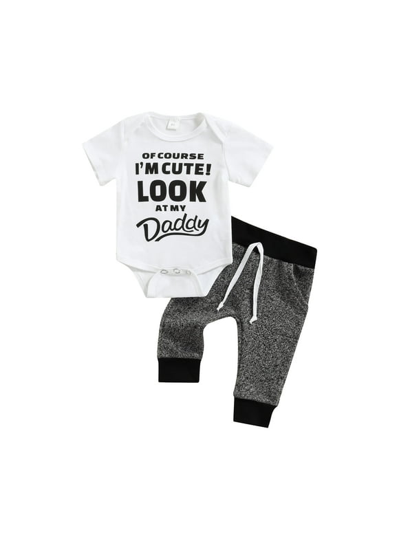 Canrulo 2pcs Newborn Baby Boys Clothes Letter Printing Short Sleeve Romper Tops Pants Set Gray Black 0-3 Months