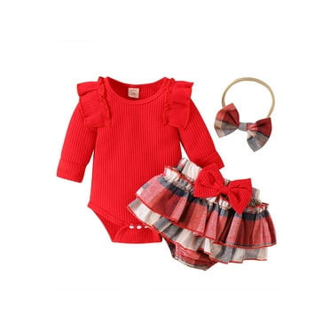 Canrulo 3Pcs Infant Baby Girls Fall Outfits Long Sleeve Romper Plaids Shorts Headband Clothes Red 6-12 Months