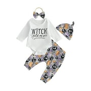 Canrulo 4Pcs Newborn Baby Girls Halloween Outfits Letter Print Long Sleeve Romper Tops Long Pants Hat Headband Set White 12-18 Months