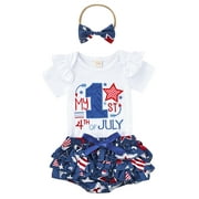 Canrulo Baby Girls My 1st 4th of July Outfits Short Sleeve Romper Tops USA Flag Shorts Set 3pcs Independence Day Clothes White Star 9-12 Months