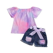 Canrulo Baby Toddler Girls Floral Short Sleeve Tops T-Shirt Vest Denim Shorts Set Kids 1T 2T 3T 4T 5T 6T Clothes Summer Outfits Purple 2-3 Years
