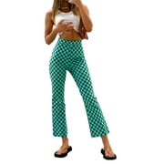Canrulo Checkerboard Print Pants for Women High Waist Plaid Casual Trousers Pants Green XL