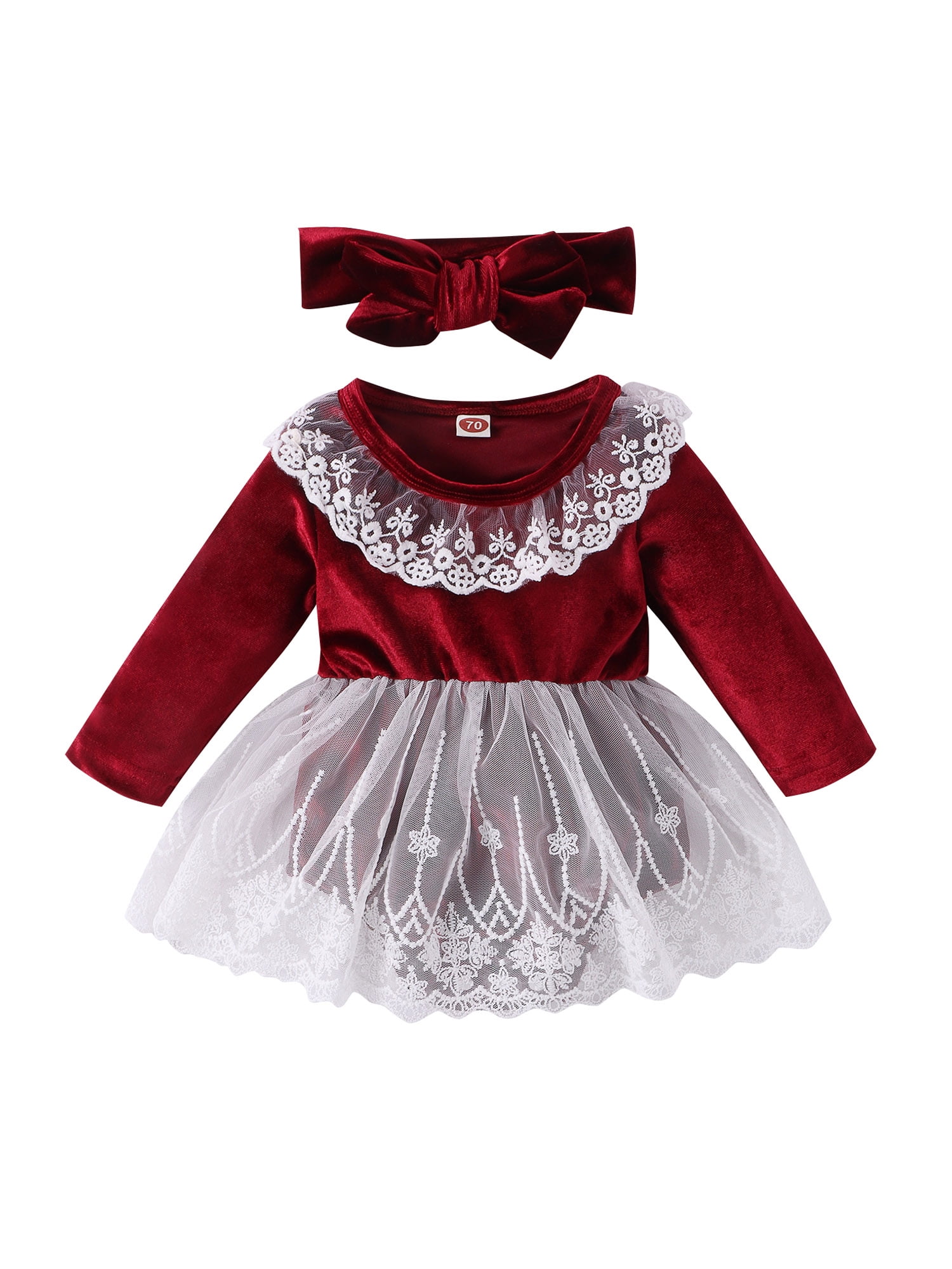 Canrulo Infant Baby Girl Christmas Clothes Velvet Romper Dress Lace