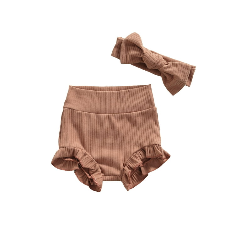 Canrulo Infant Baby Girls Bloomers Diaper Cover High Waist Elastic Ruffle  Shorts Solid Color Underwear Headbands Set Dark Coffee 3-6 Months