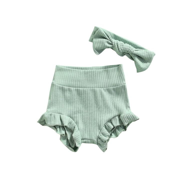 Canrulo Infant Baby Girls Bloomers Diaper Cover High Waist Elastic Ruffle  Shorts Solid Color Underwear Headbands Set Light Green 3-6 Months