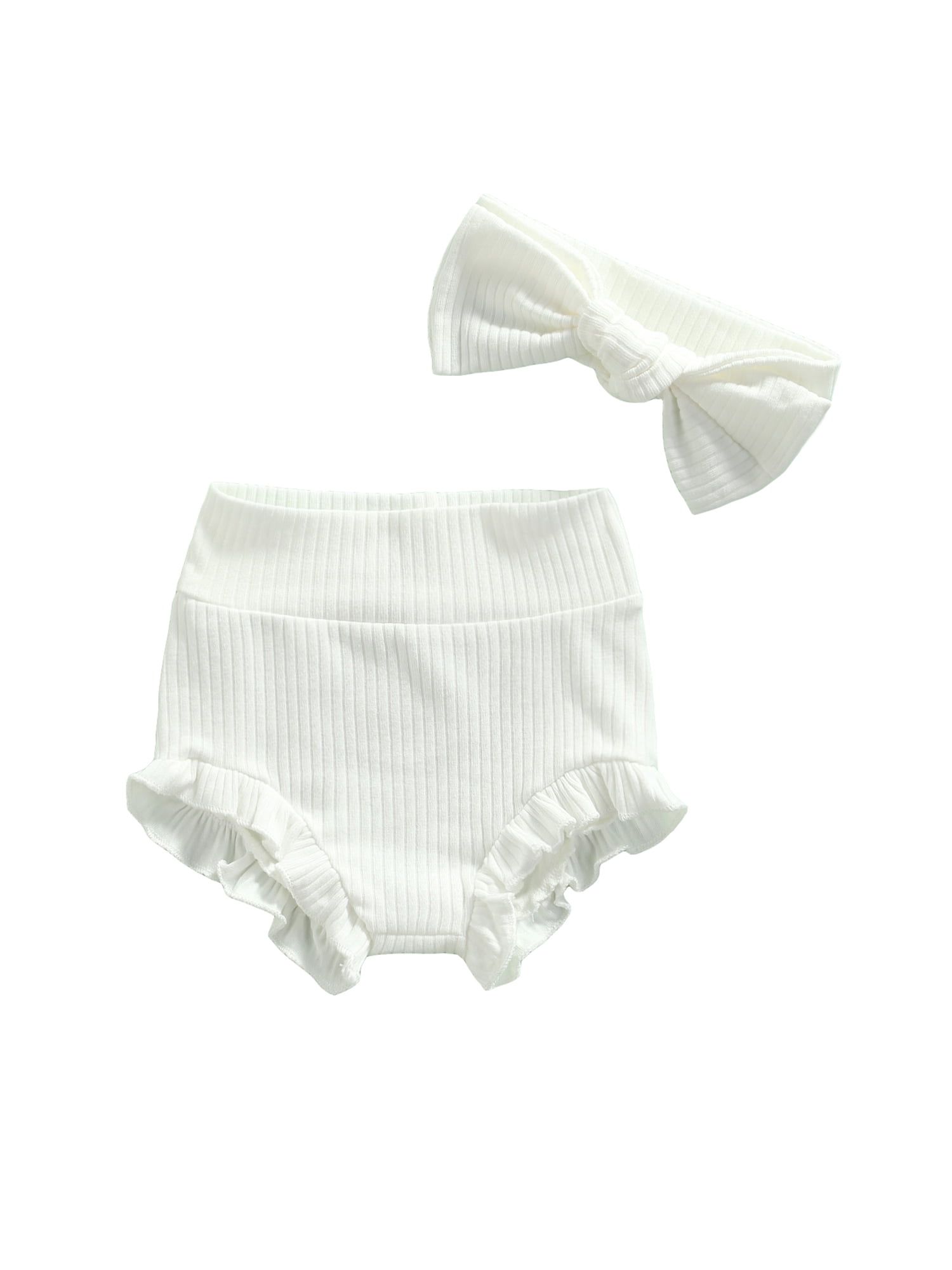 Canrulo Infant Baby Girls Bloomers Diaper Cover High Waist Elastic Ruffle  Shorts Solid Color Underwear Headbands Set White 0-3 Months