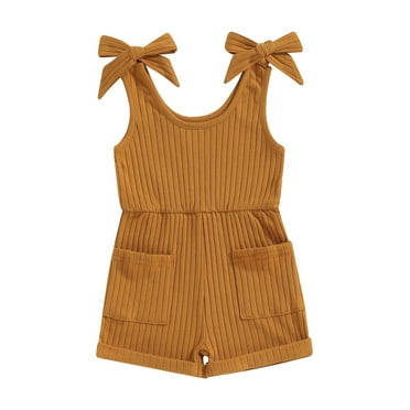 Canrulo Infant Toddler Baby Girls Short Jumpsuit Solid Color Ribbed Sleeveless Tank Romper Summer Outfits Ginger Yellow 2-3 Years