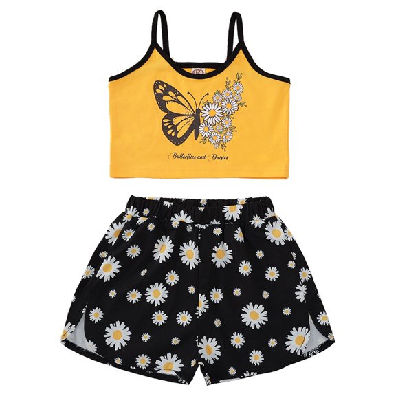 Canrulo Kids Girls Fashion 2-Piece Outfit Set Sleeveless Tops+Floral Print Shorts Set Yellow 5-6 Years
