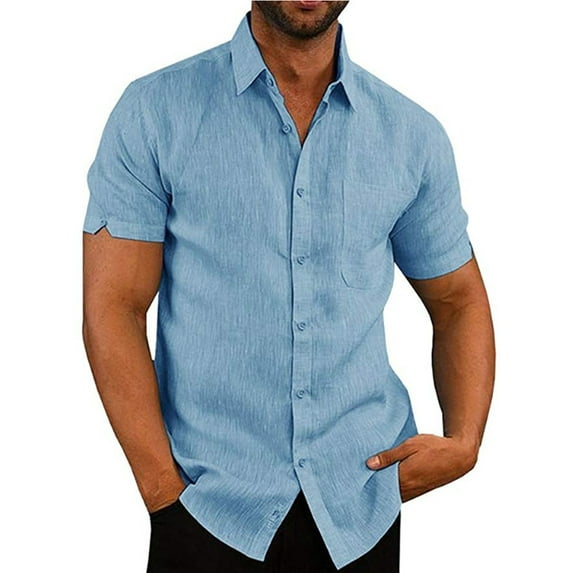Canrulo Men's Linen Short Sleeve Summer Solid Shirts Casual Loose Dress Soft Tops Tee Blue M