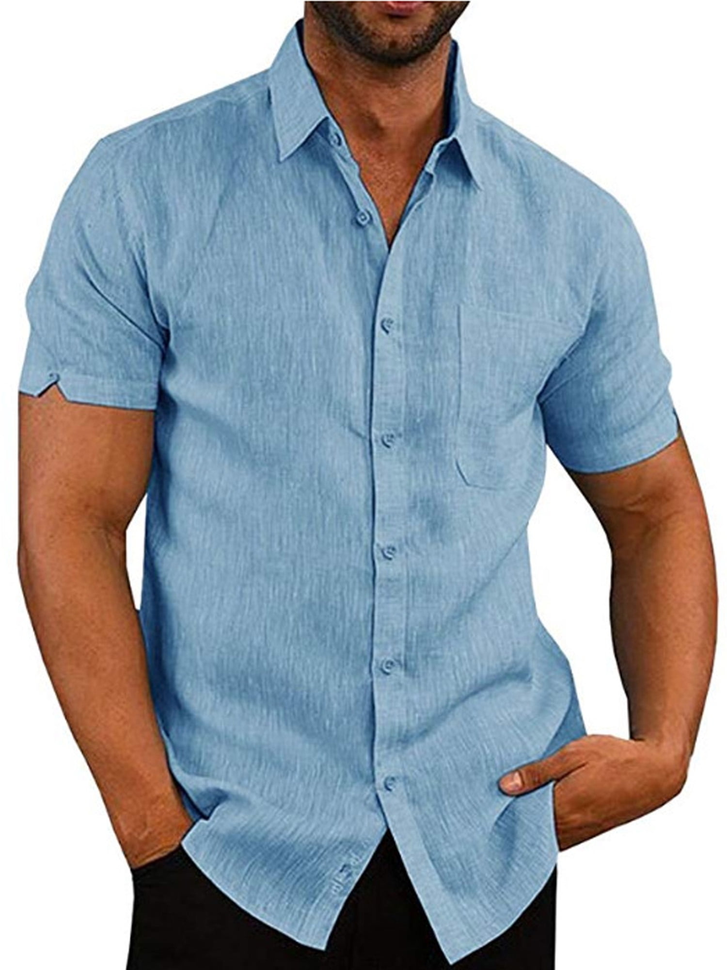 Canrulo Men's Linen Short Sleeve Summer Solid Shirts Casual Loose Dress ...