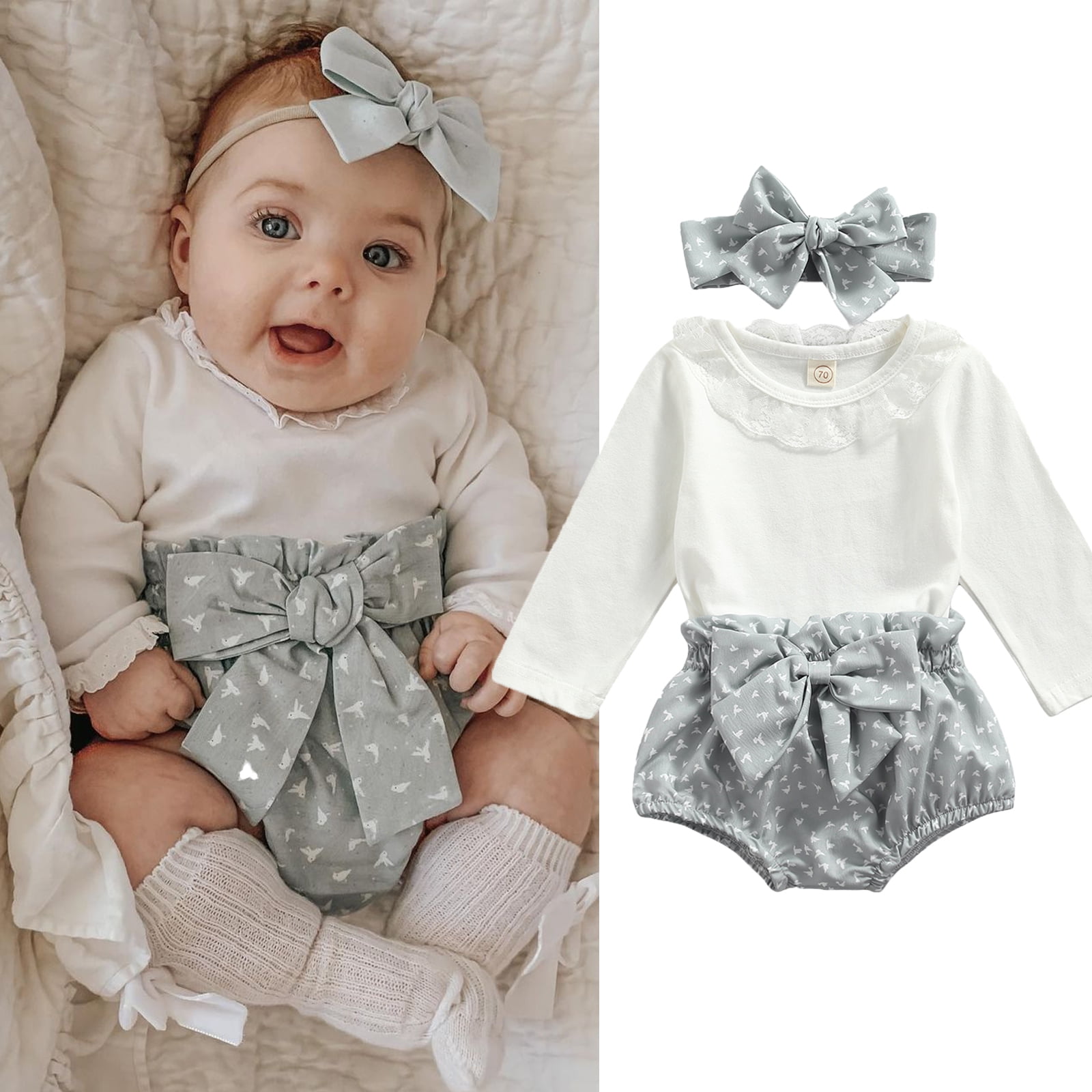 Canrulo Newborn Baby Girl Fall Winter Clothes Outfits Lace Romper Bodysuit  Floral Shorts Pants Headband Set Gray 6-12 Months