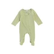 Canrulo Newborn Baby Girls Boys Footies Romper 6 Colors Solid Long Sleeve Zipper Autumn Winter Jumpsuit Lake Green 3-6 Months