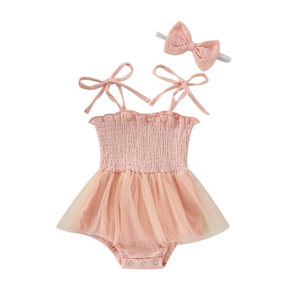 Canrulo Newborn Baby Girls Ruffled Sling Romper Mesh Skirt Bodysuit Headband Summer Casual Outfits Pink 0-3 Months