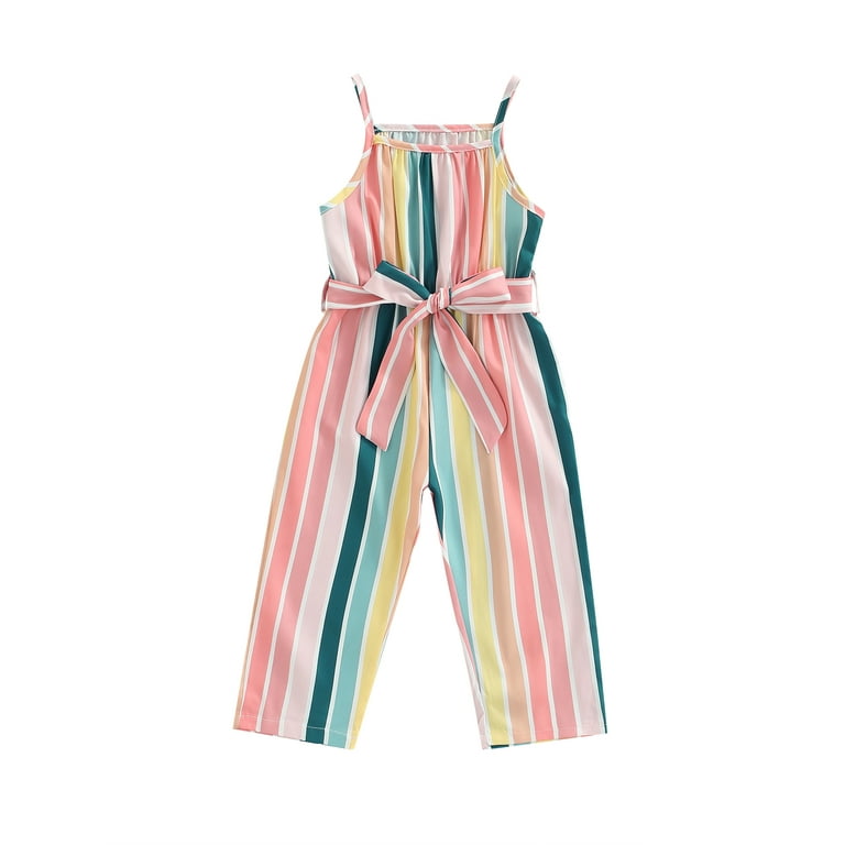 Canrulo Summer Kids Girls Jumpsuits Clothing 2 Colors Sleeveless Striped Printed Playsuits Pants With Belt Pink Stripe 4 5 Years